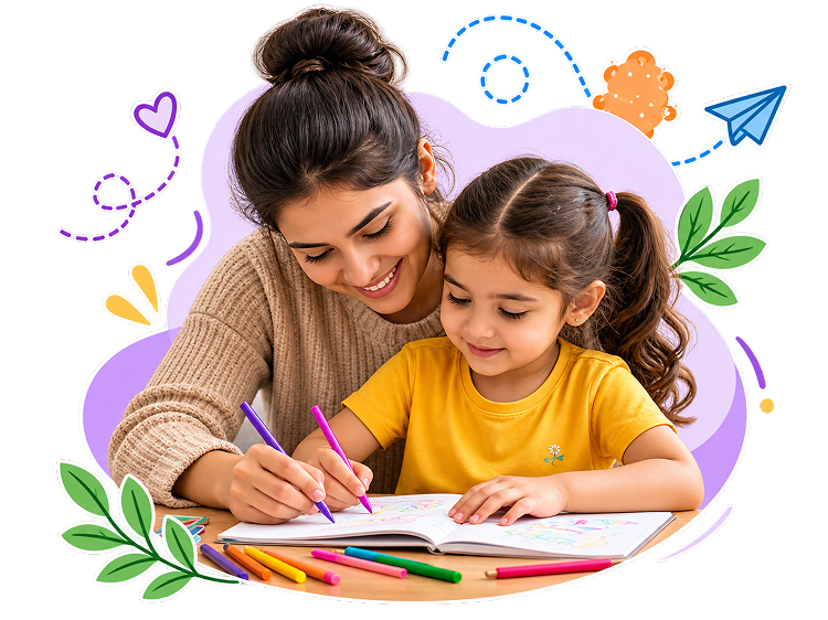 Mother helping her daughter with a coloring book