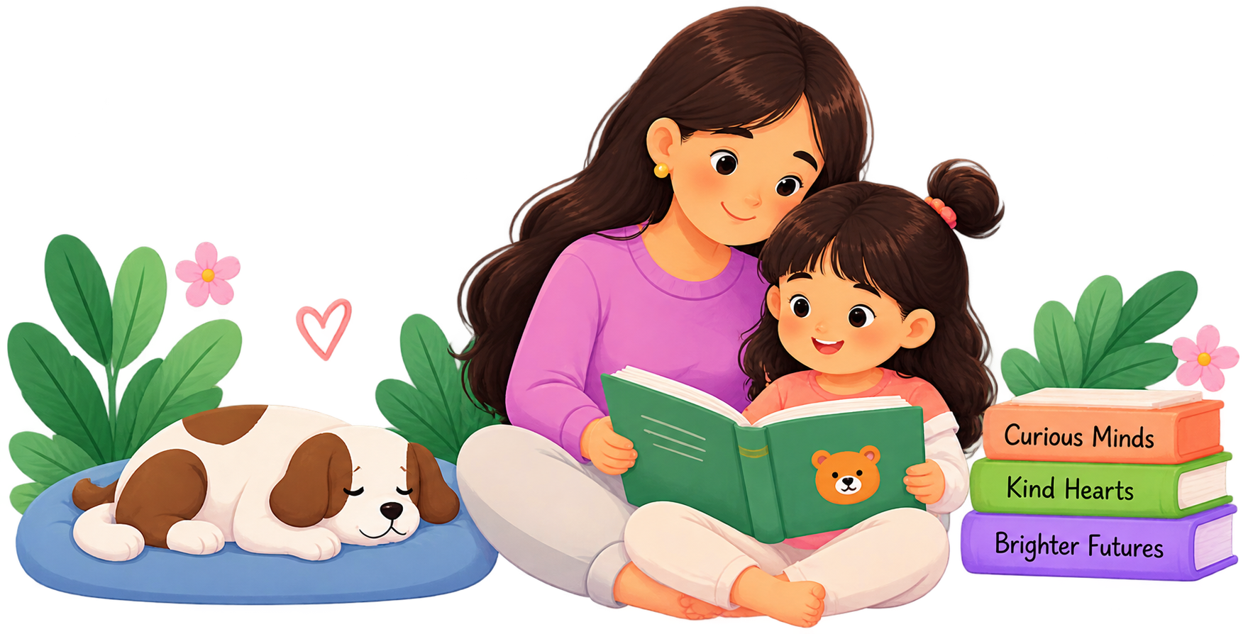 Mother reading with her daughter on the couch, with a dog resting nearby